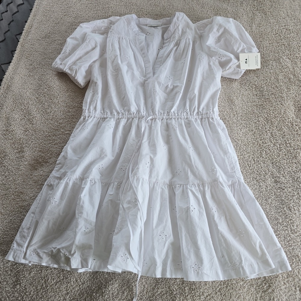 Free‎ Assembly Women's Cotton Eyelet Tiered Mini Dress Puff Sleeves Boho-chic XL